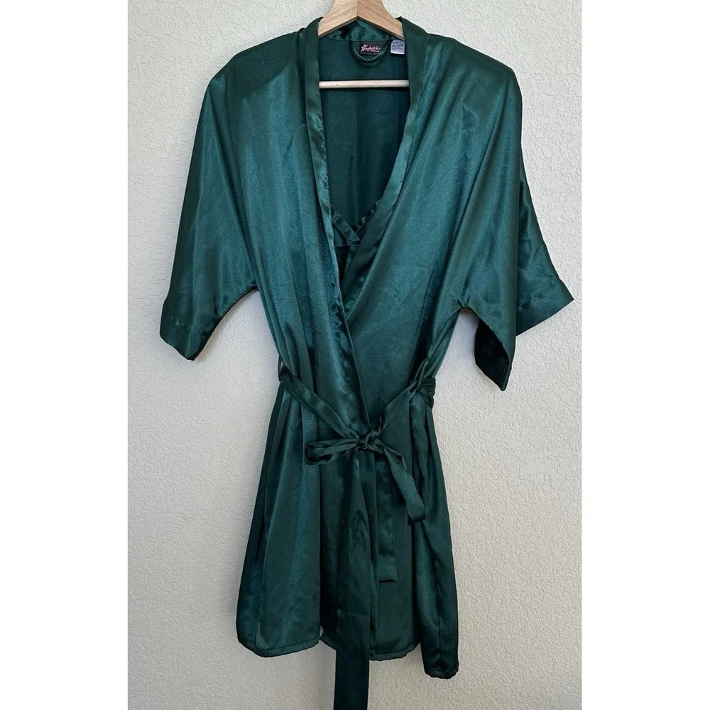 Vintage Fredericks of Hollywood Satin Peignoir Set S Green Chemise Robe Belted